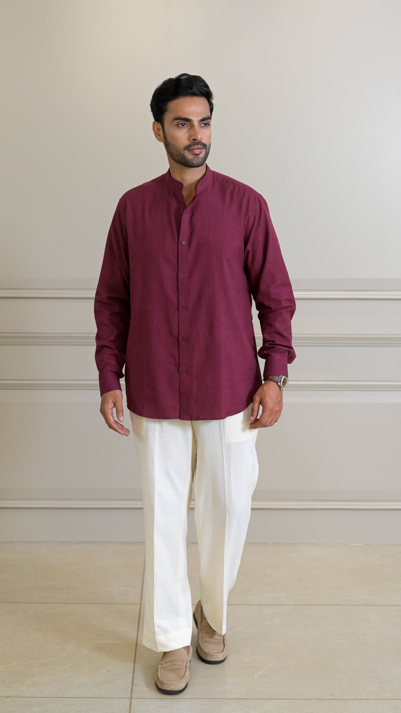 Chinese Collar Shirt - Burgundy