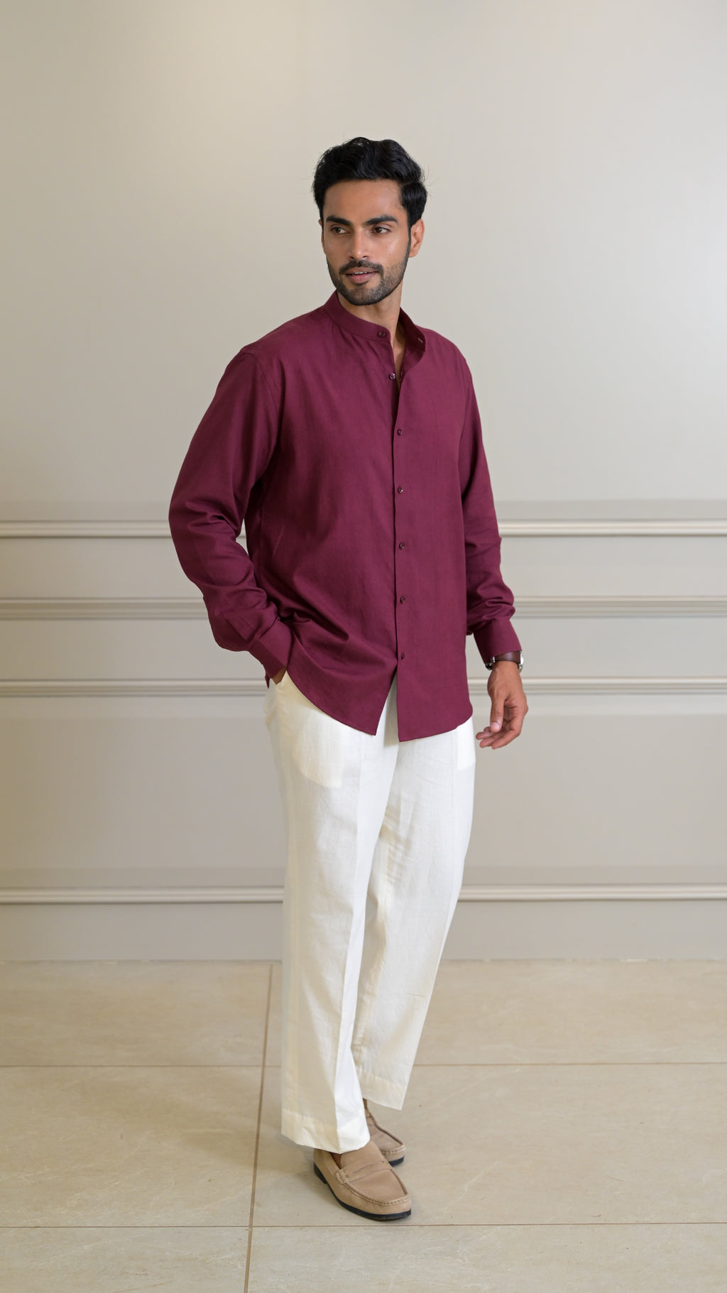 Chinese Collar Shirt - Burgundy