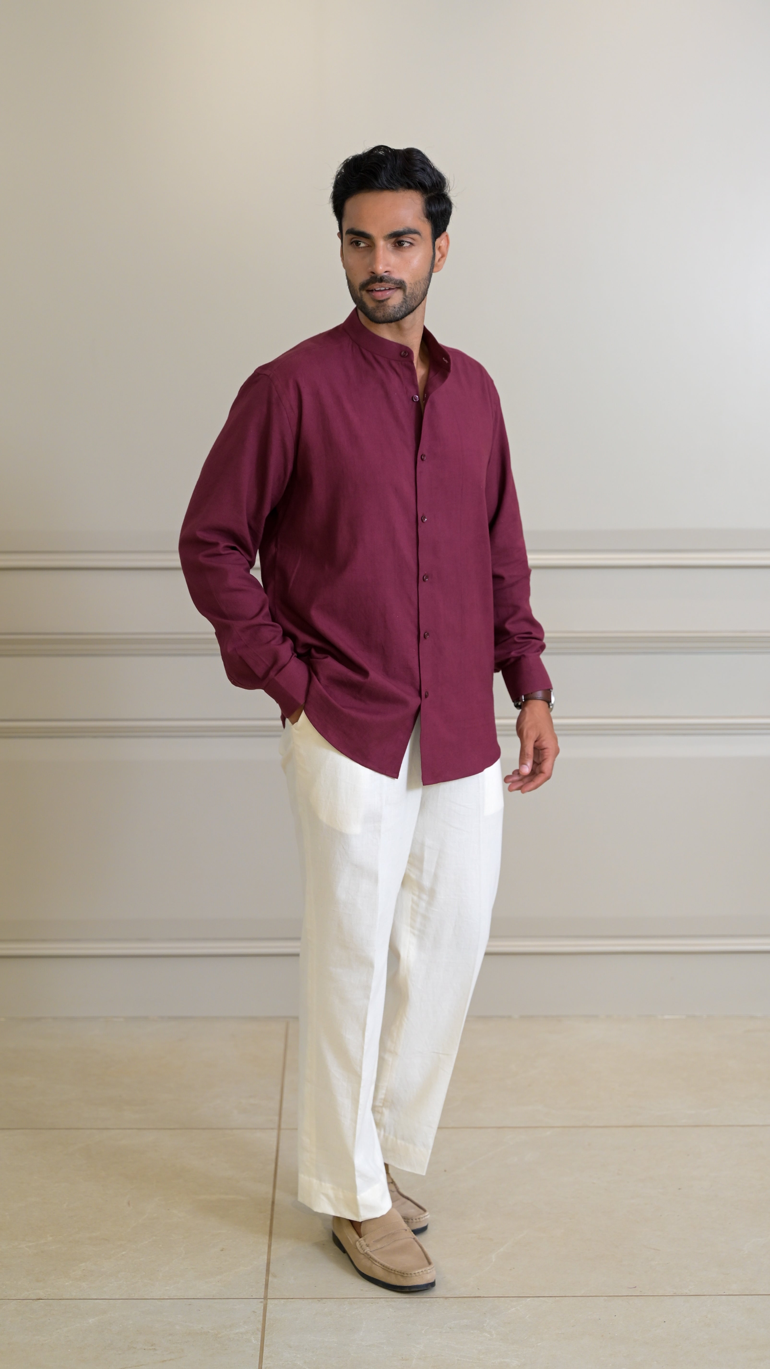 Chinese Collar Shirt - Burgundy