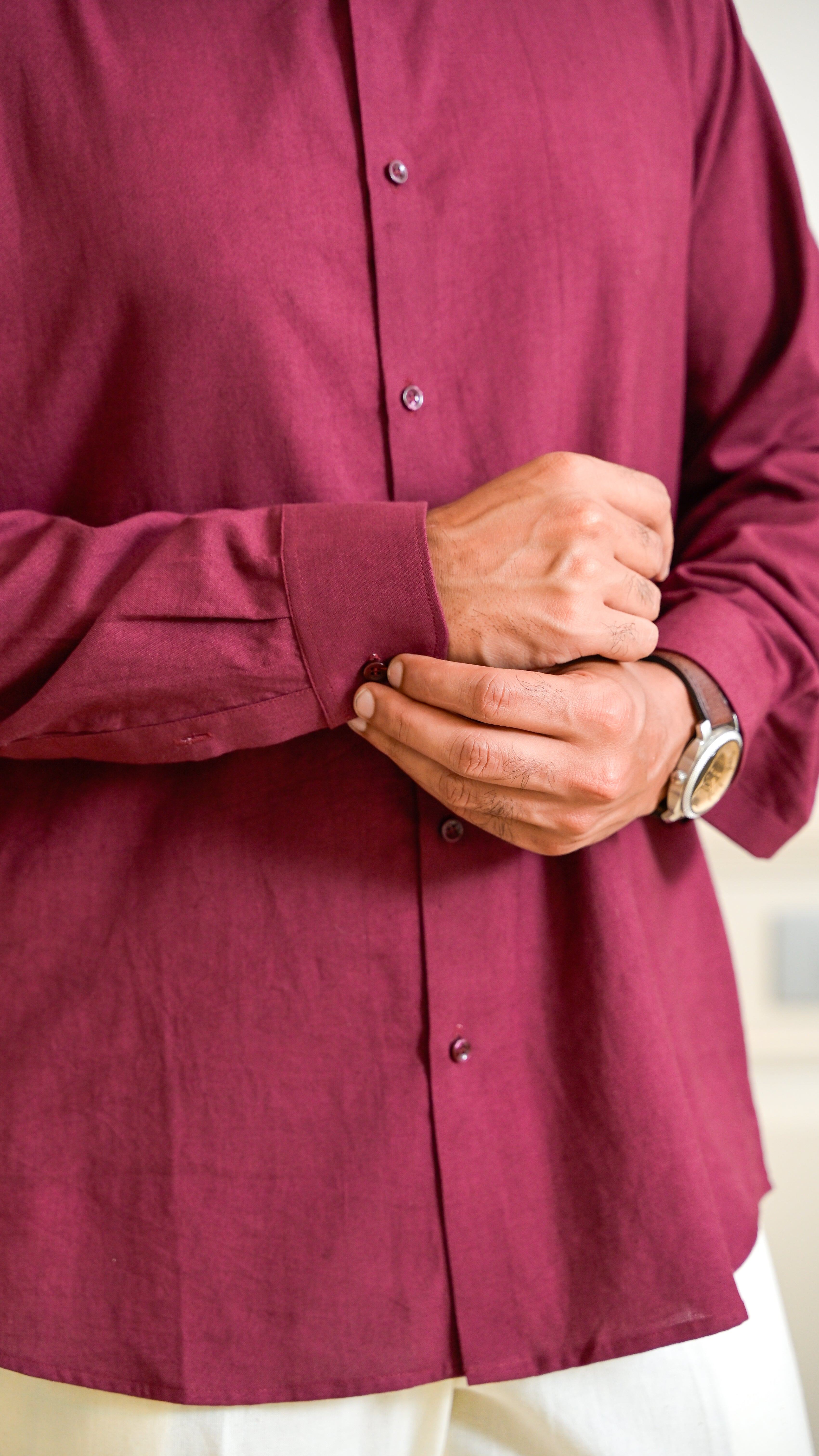 Chinese Collar Shirt - Burgundy