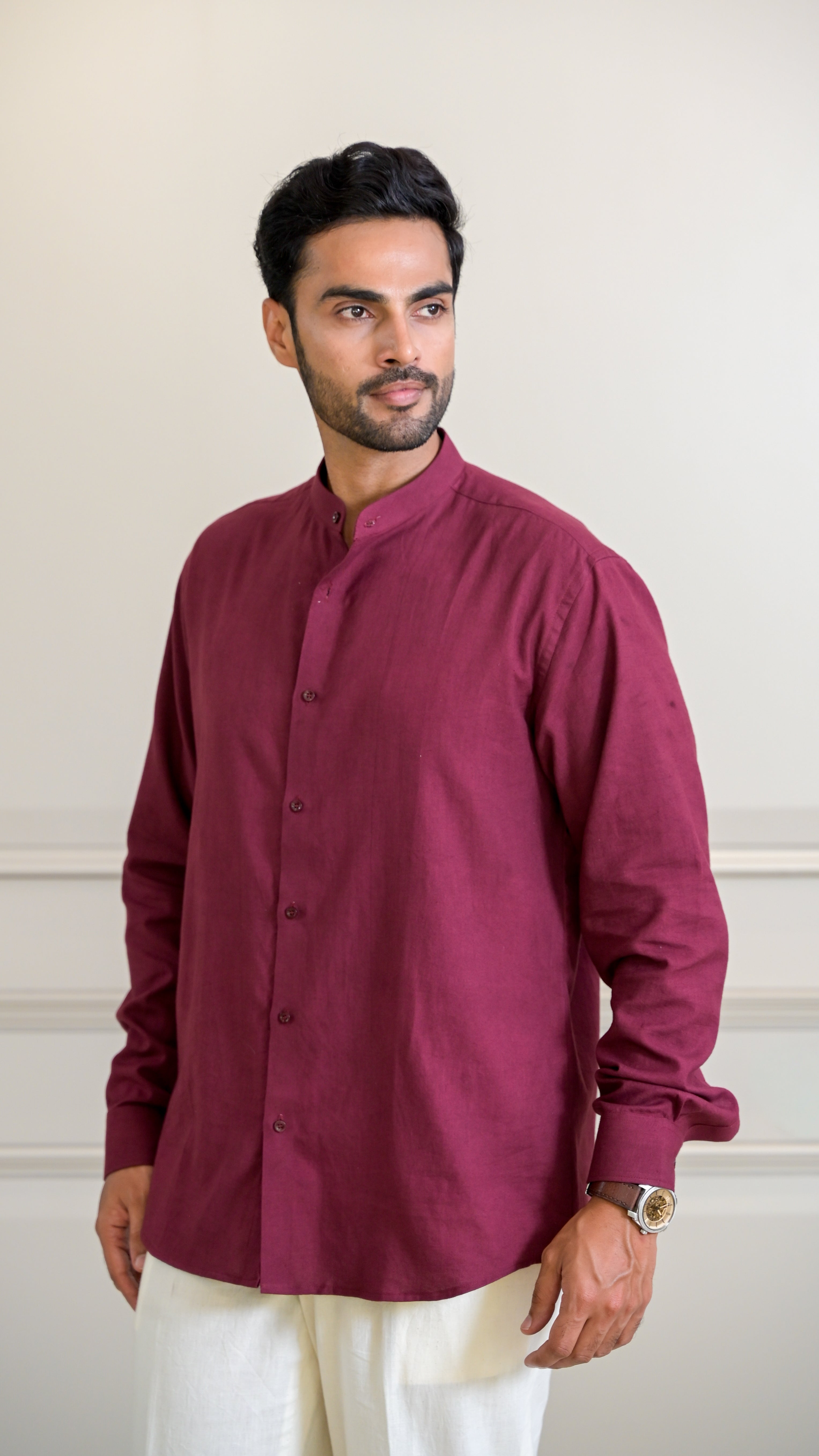 Chinese Collar Shirt - Burgundy